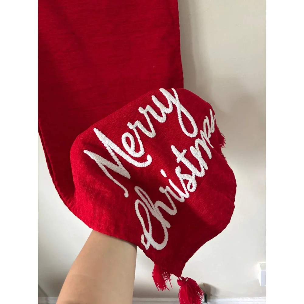 At Home Red Merry Christmas Table Runner Embroidered Tassels Holiday Decor 72in